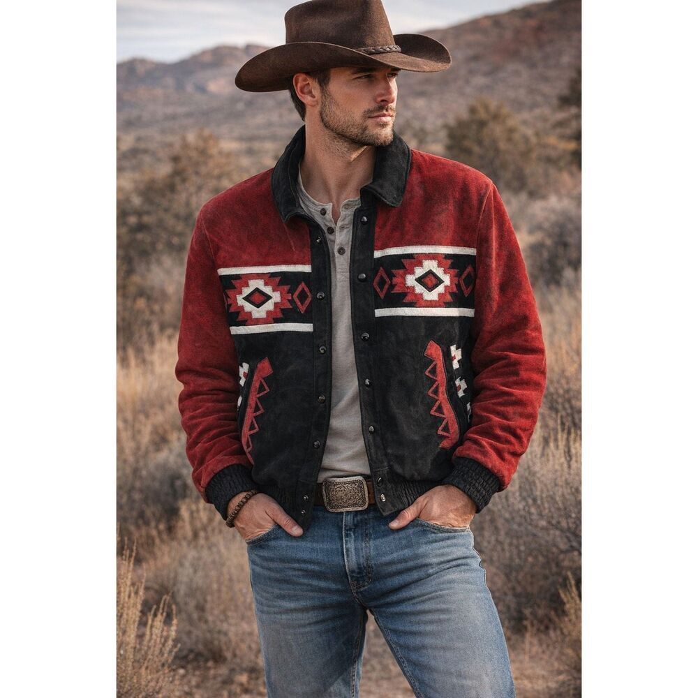 Vintage Southwestern Suede Leather Bomber Jacket Western Aztec Mens Sz M Women L